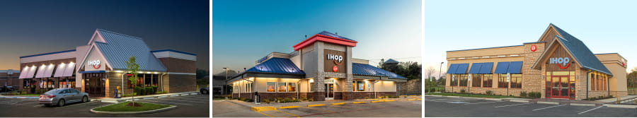 Three images of IHOP Buildings (Left) Statesboro (Middle) Ft. Worth (Right) Standard Building