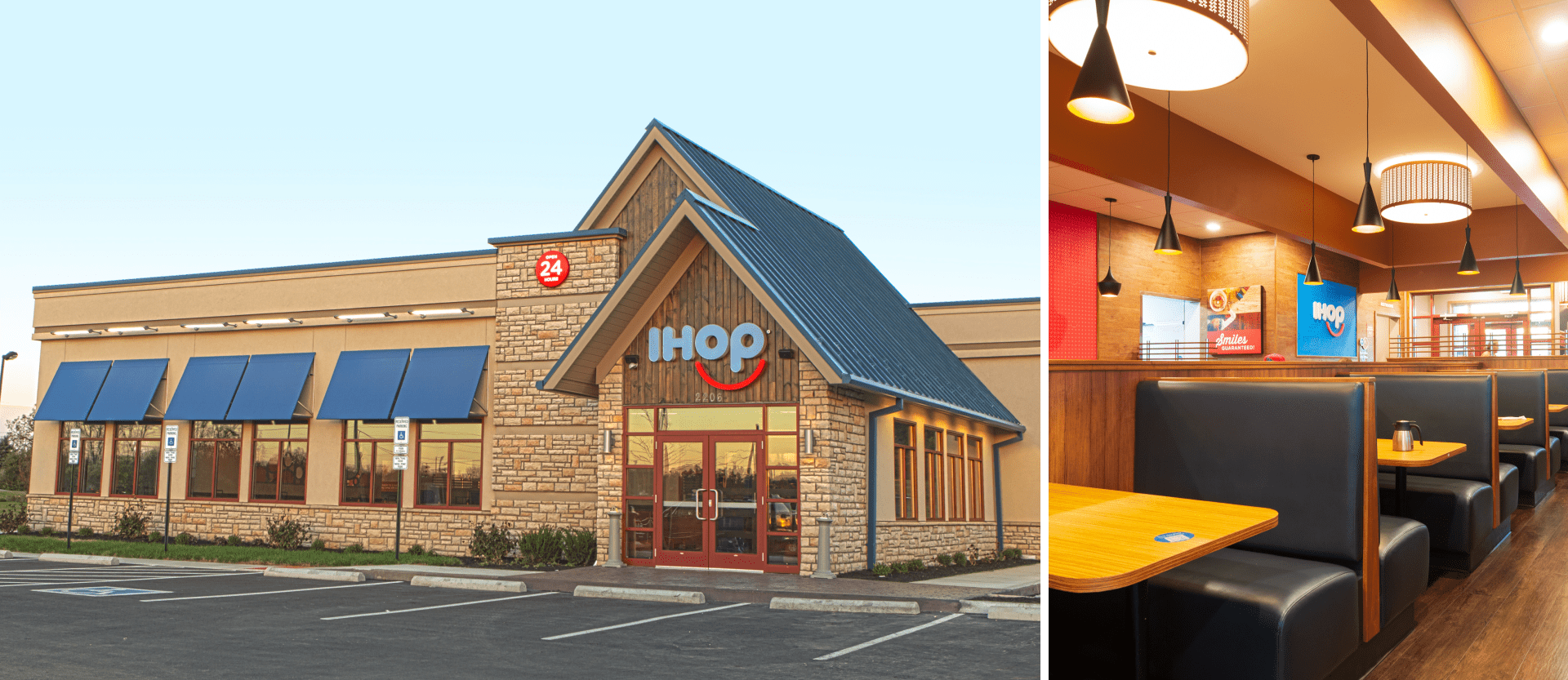 Ihop franchise building exterior on the left and interior on the right.